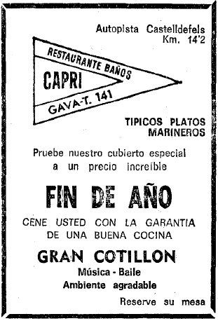 Anunci de la revetlla de Cap d'any del restaurant-balneari Capri de Gav Mar publicat al diari La Vanguardia el 19 de Desembre de 1970
